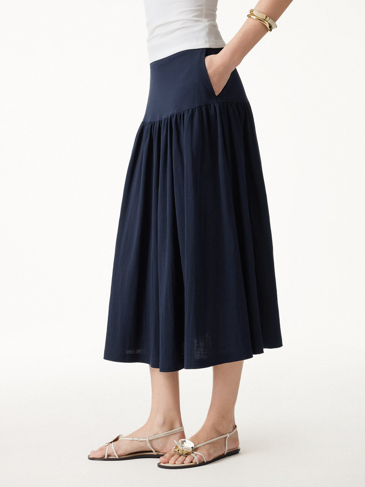 Cotton-Linen Gathered Midi Skirt with Pockets — original photo 1
