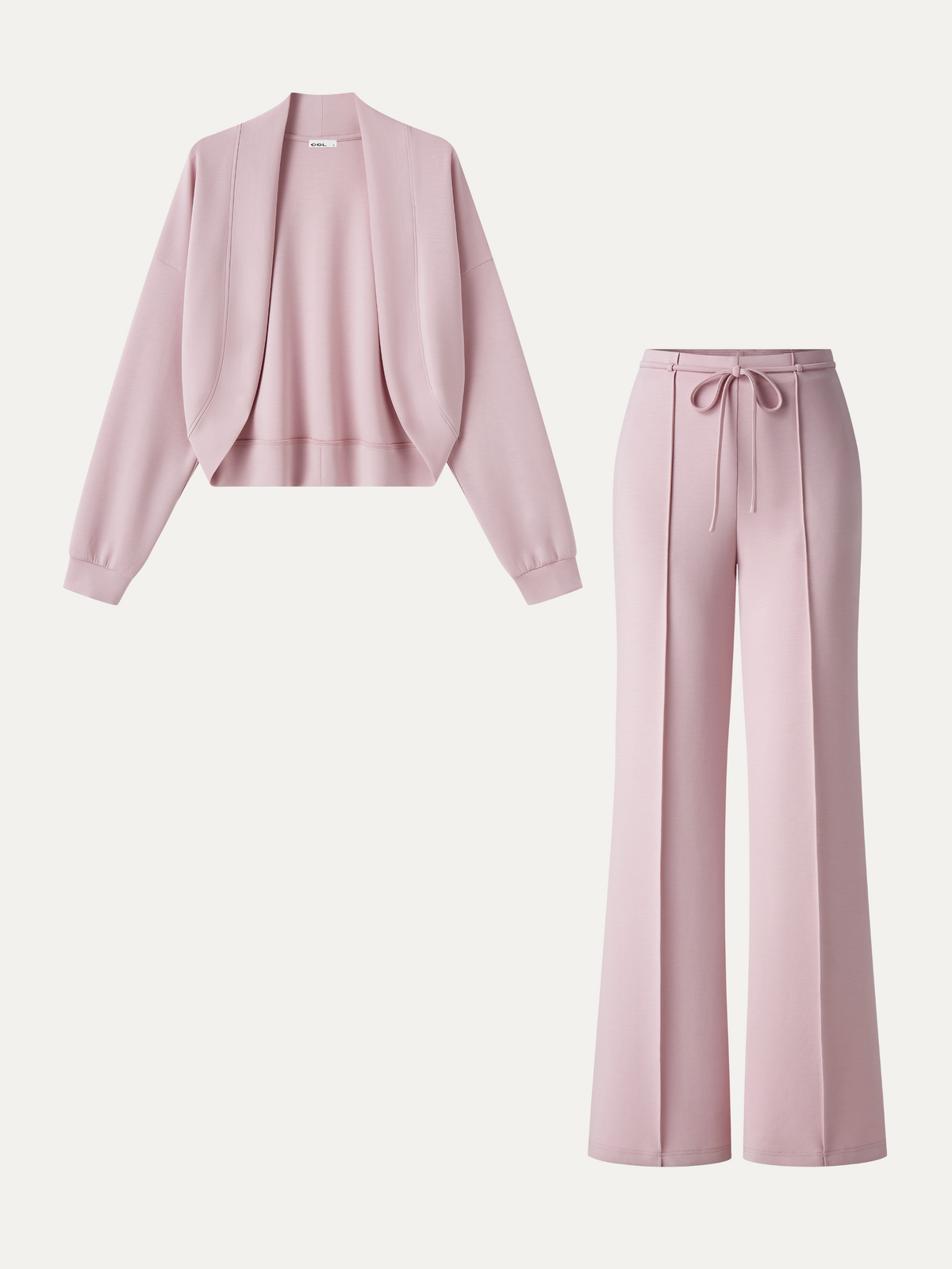 2Pcs Set Long Sleeve Drop-Shoulder Cardigan & High-Rise Flare Pants with Pockets — original photo 2