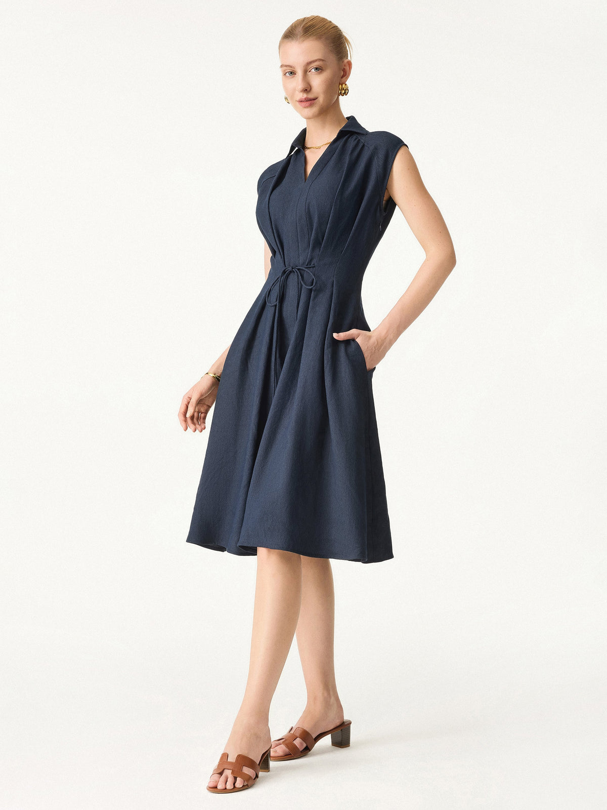 Viscose-Linen Collared V-neck Midi Dress with Drawstring — original photo 2