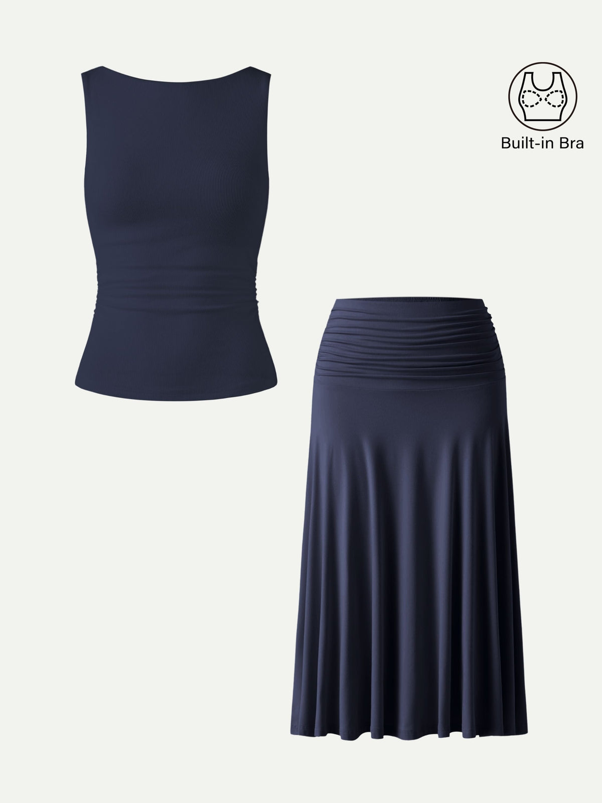 2Pcs Set Open Back Built-In Bra Tank & Side Ruched A-line Midi Skirt — original photo 8
