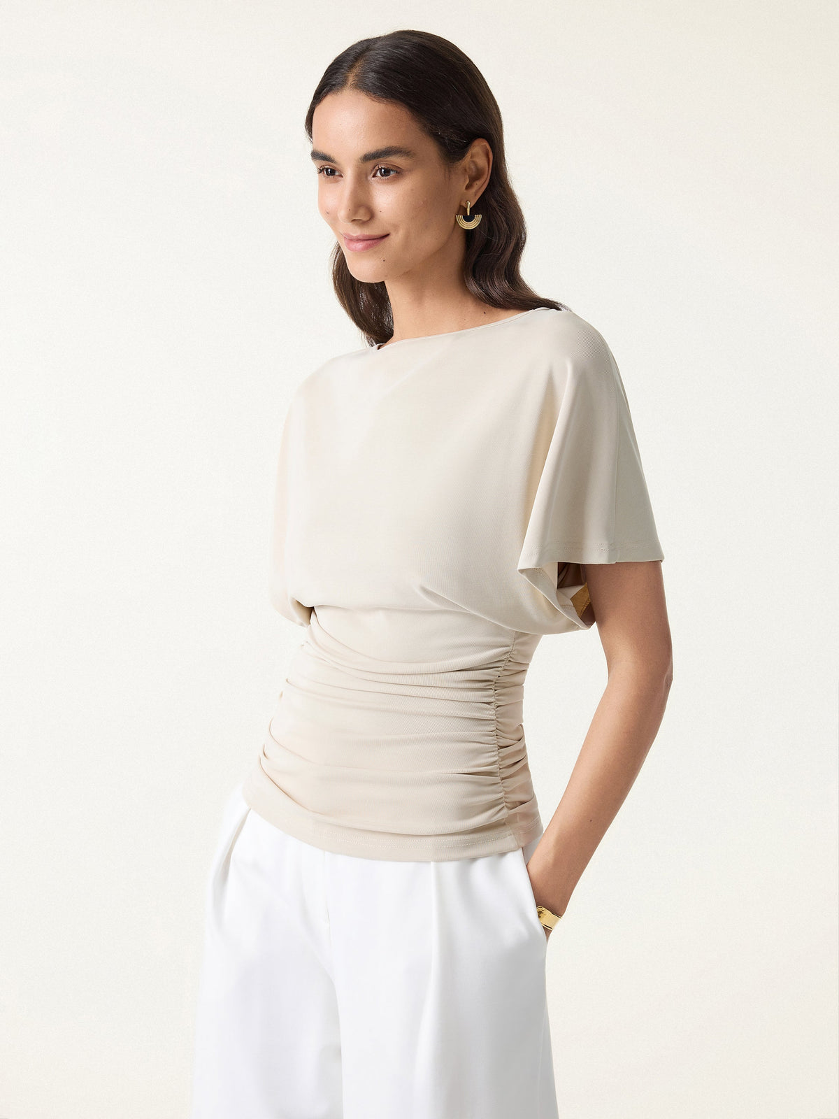 Effortless Boatneck Batwing Sleeve Side Ruched Top — original photo 3
