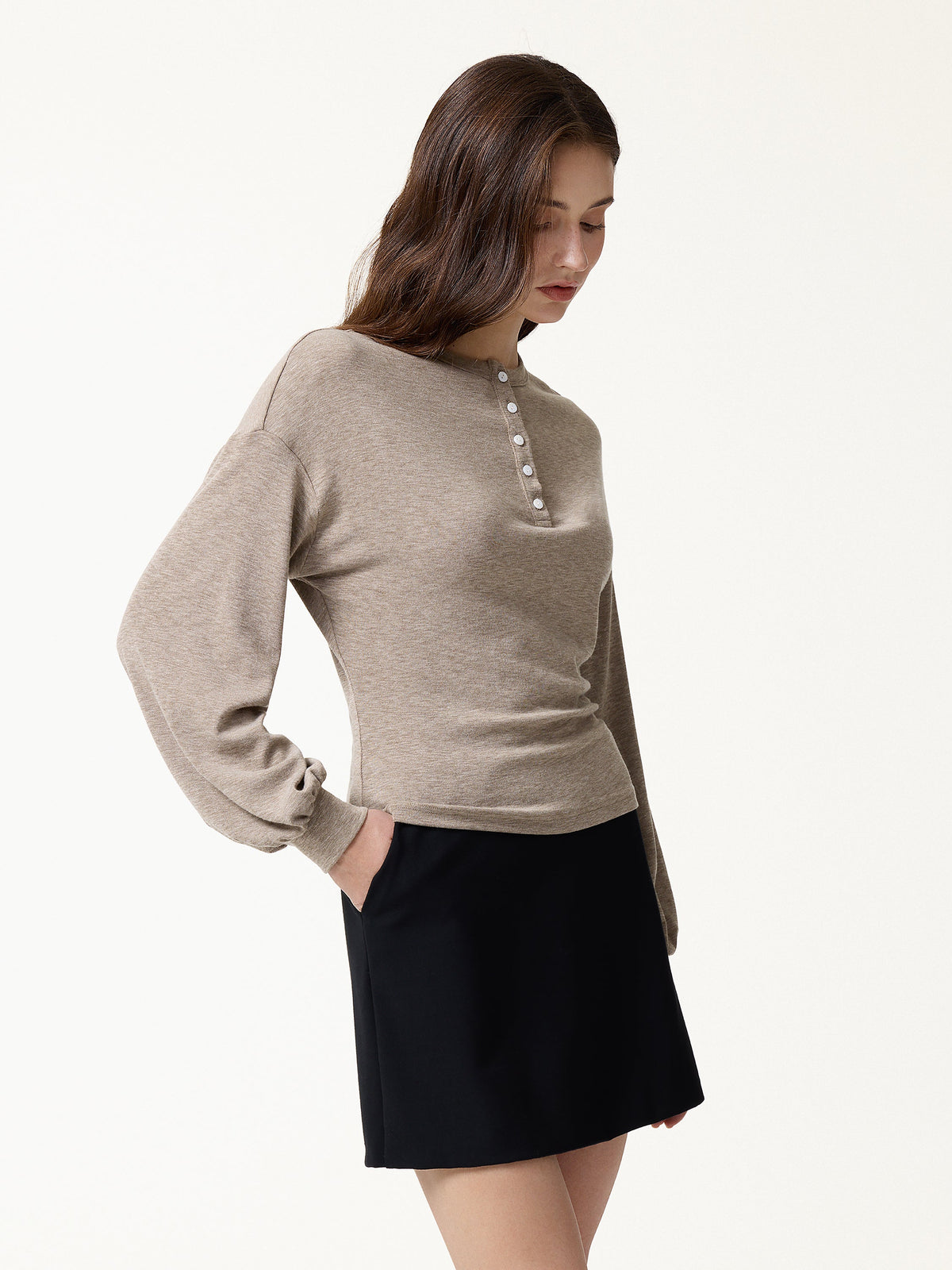 LiteWarm Slub Ribbed Henley Neck Batwing Sleeve Close-Fit Hem Top — original photo 4