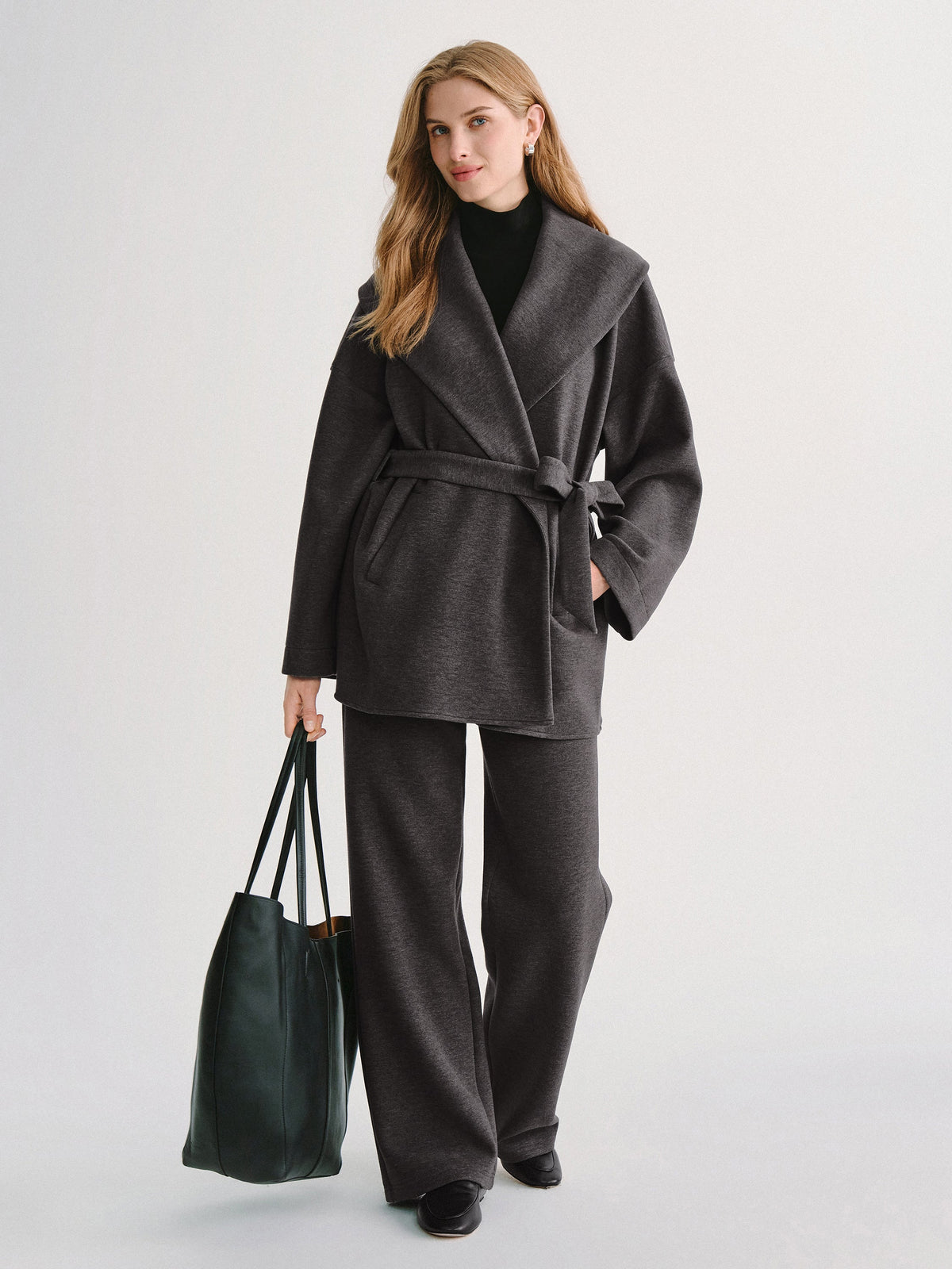 2Pcs Set Petite Belted Shawl Collar Robe Jacket & Straight Pants with Pockets — original photo 3