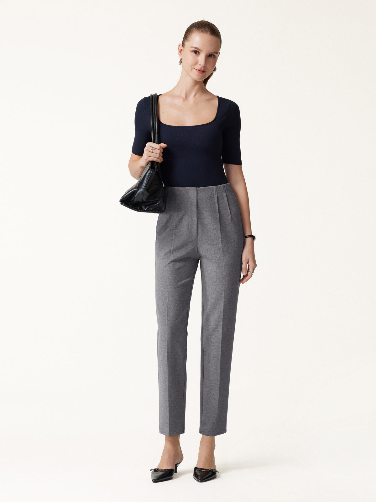 Ponte Mid-Rise Ankled Tapered Tuck Pants with Pockets — original photo 3