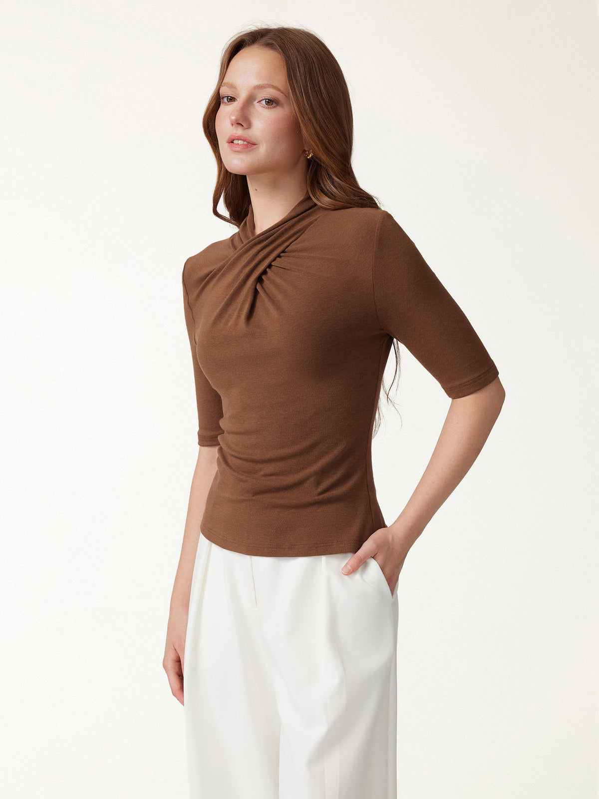 LiteWarm Crisscross Mock Neck Elbow Sleeve Ruched Top — original photo 1