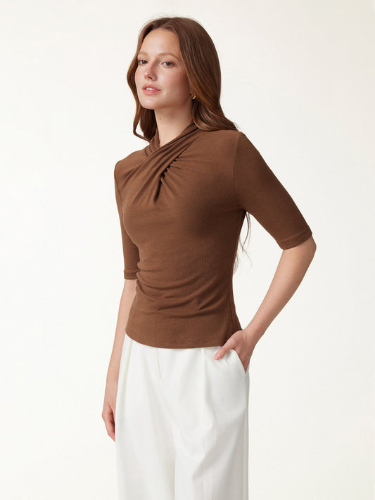 LiteWarm Crisscross Mock Neck Elbow Sleeve Ruched Top — original photo 1
