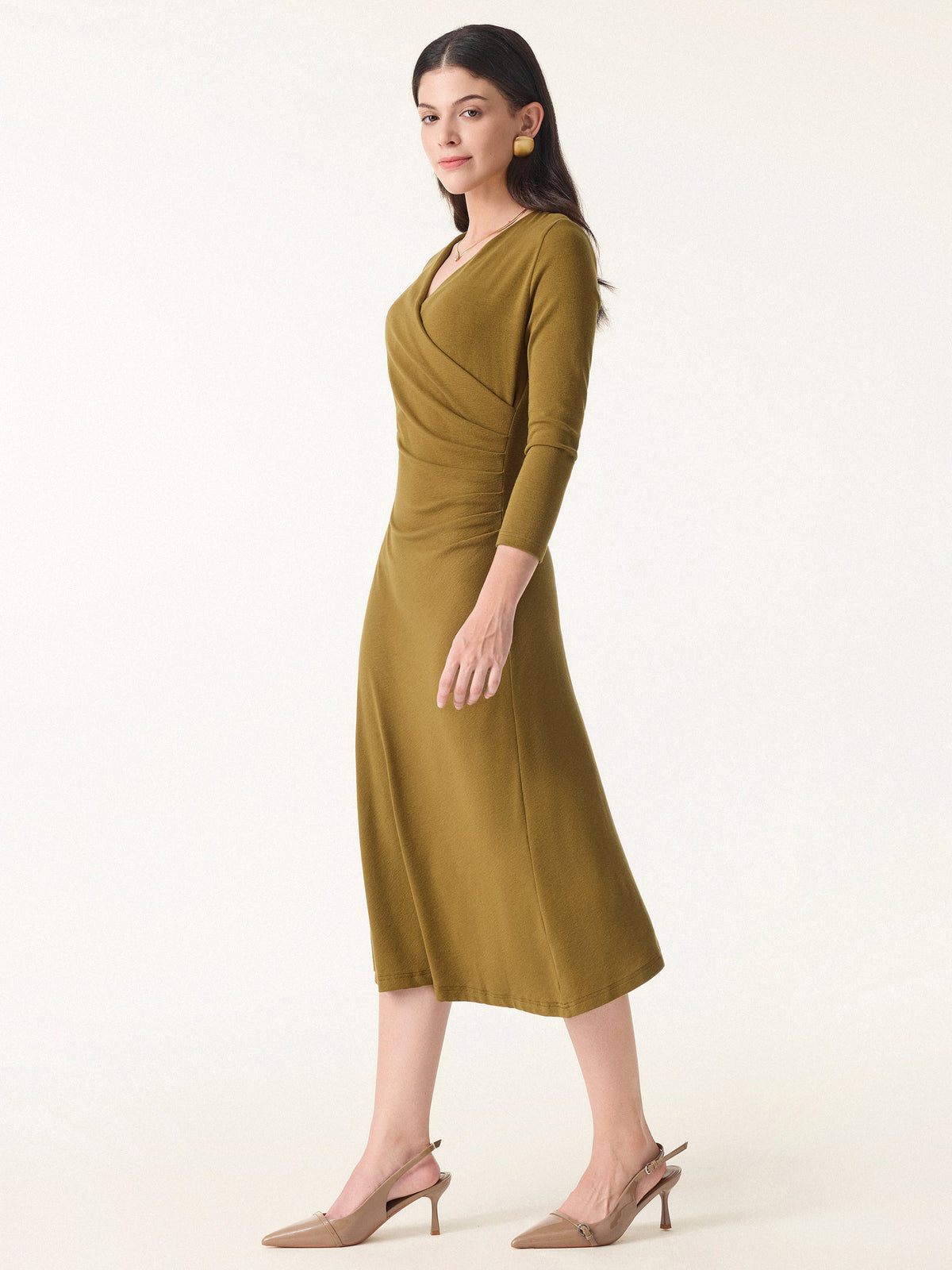 LiteWarm Surplice 3/4 Sleeve Side-Tuck Midi Dress — original photo 16