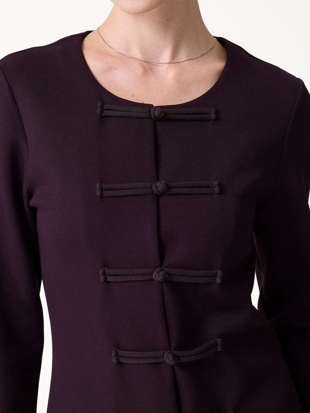 Stretch Ponte Frog-Button Round Neck Long Sleeve Jacket — original photo 5