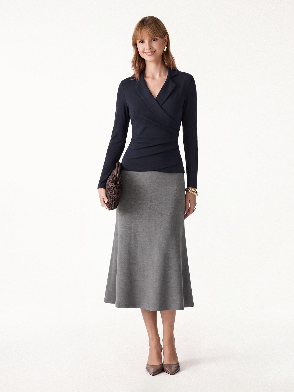 2Pcs Set ProWarm Collared Surplice Top & Soft Thermal Pull-On Midi Skirt — original photo 1