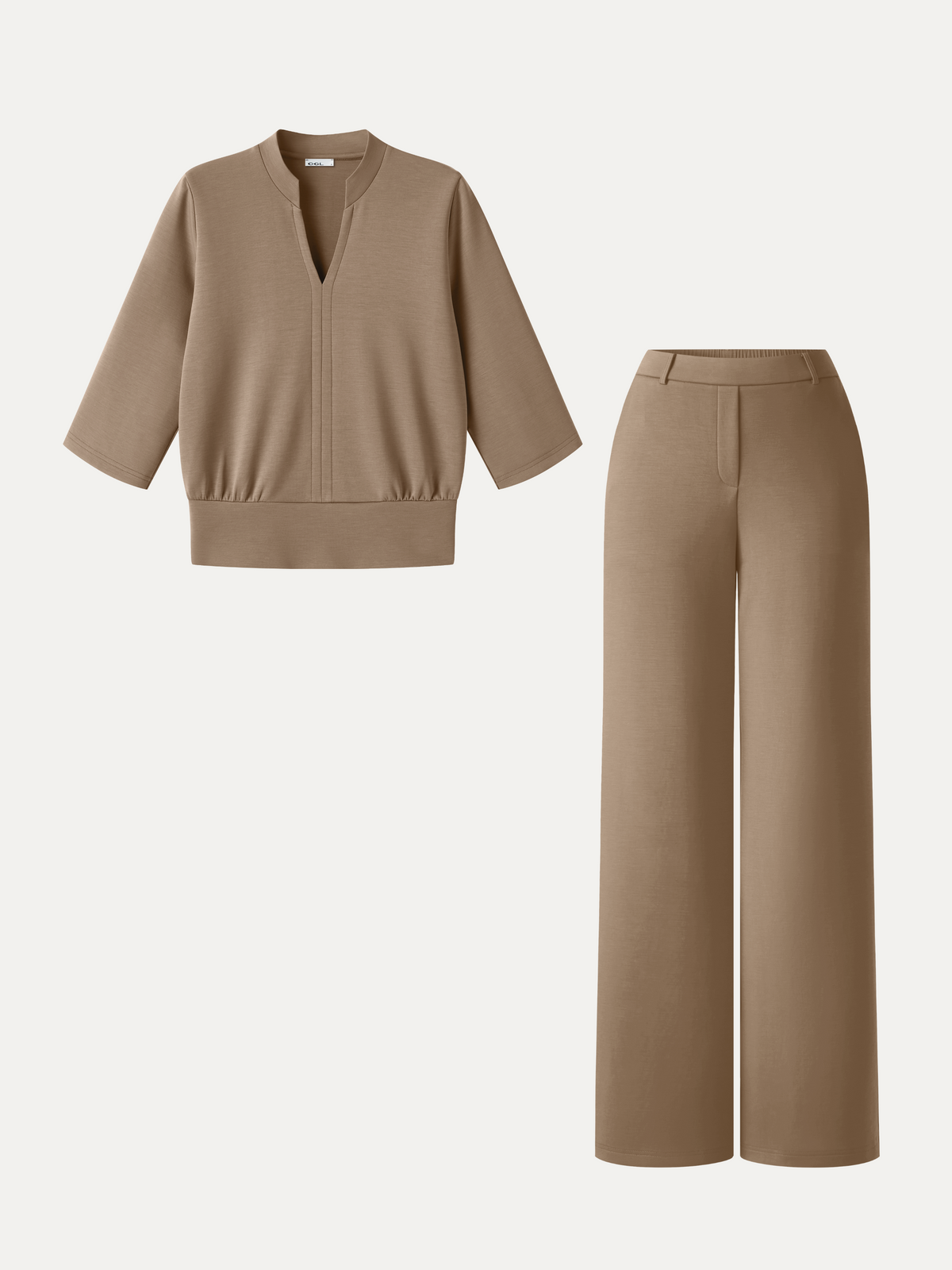 2Pcs Set V-Neck Elbow Sleeve Top & High-Rise Wide Leg Pants with Pockets — original photo 11