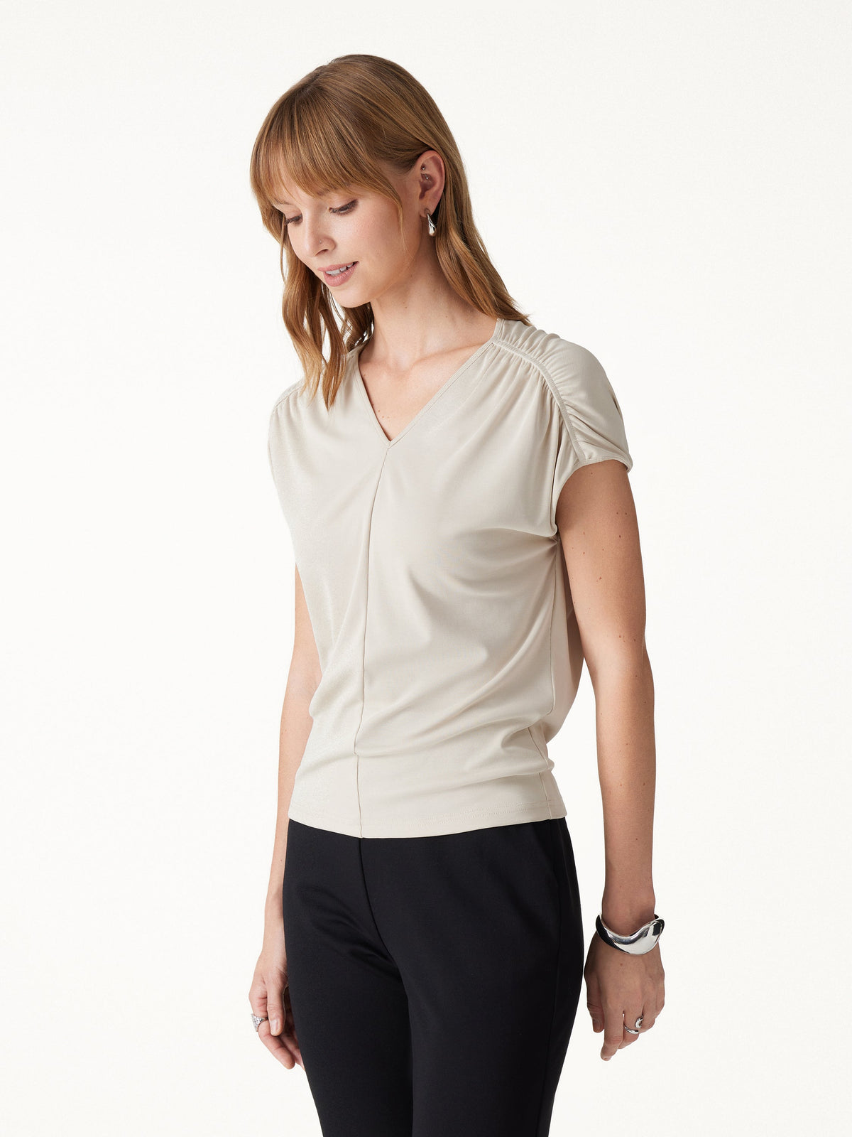 Modal Relaxed V-Neck Gathered Shoulder Top — original photo 1