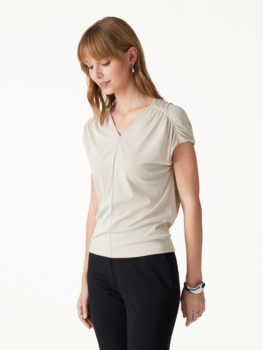Modal Relaxed V-Neck Gathered Shoulder Top — original photo 1