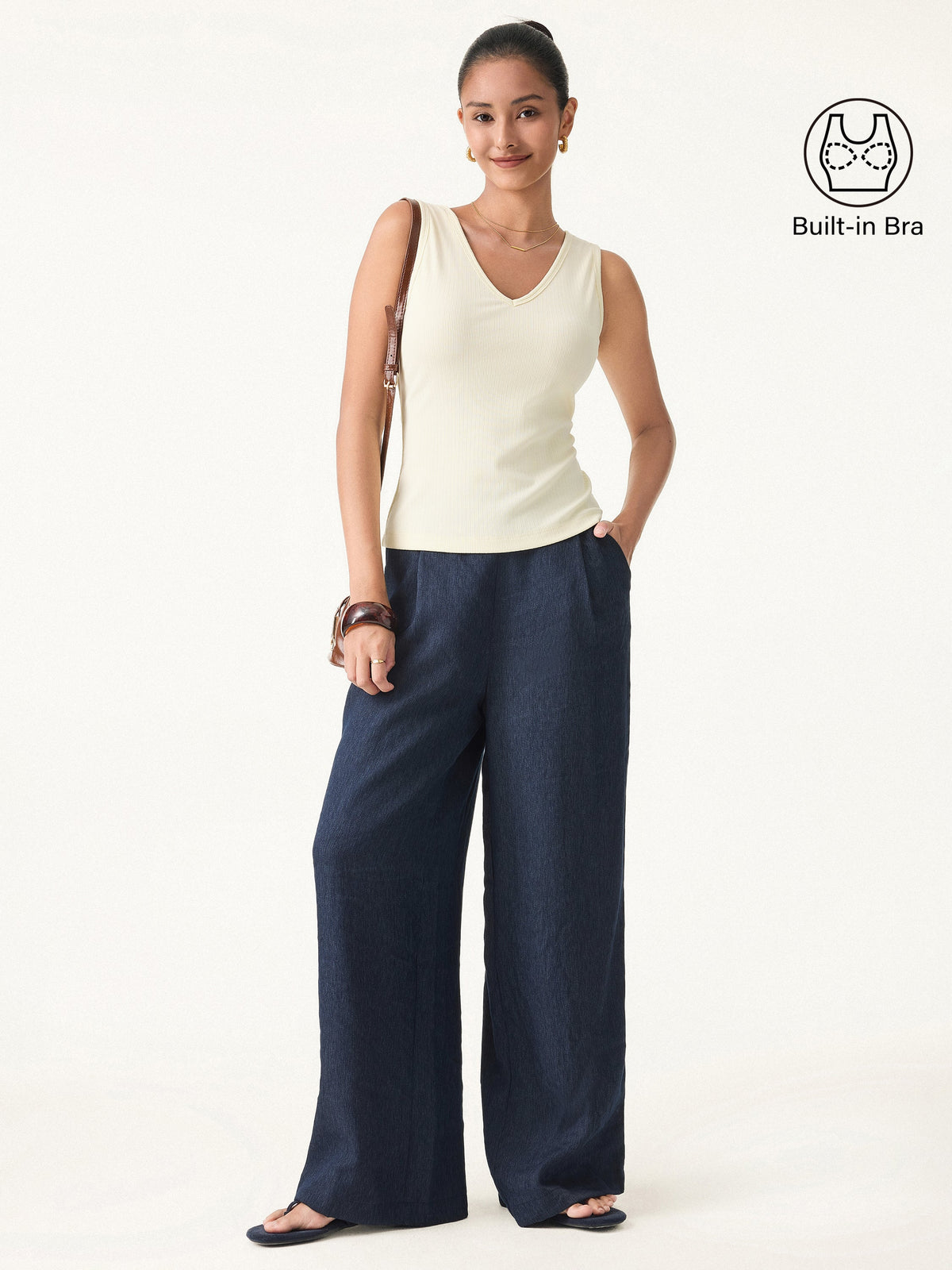 Stretch Cotton Pointelle V-neck Sleeveless Built-In Bra Tank — original photo 2