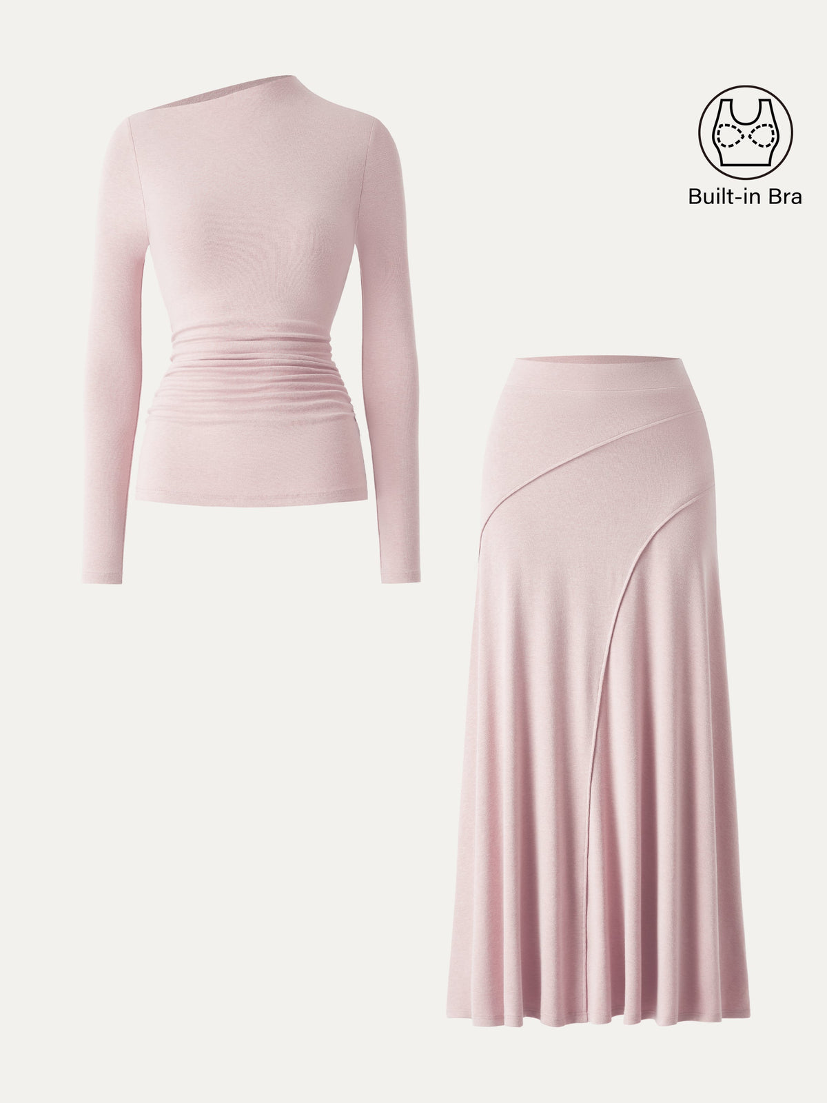 2Pcs Set LiteWarm Asymmetrical Long Sleeve Built-In Bra Top & A-Line Midi Skirt — original photo 13