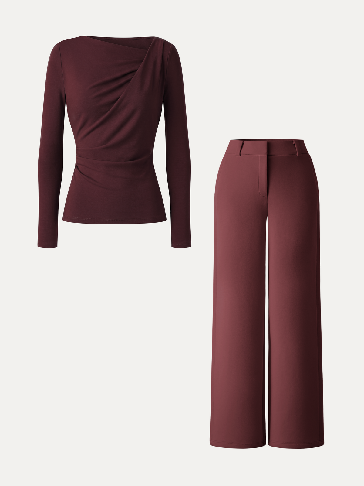 2Pcs Set LiteWarm Asymmetrical Neck Long Sleeve Top & Mid Rise Wide Leg Trouser — original photo 9