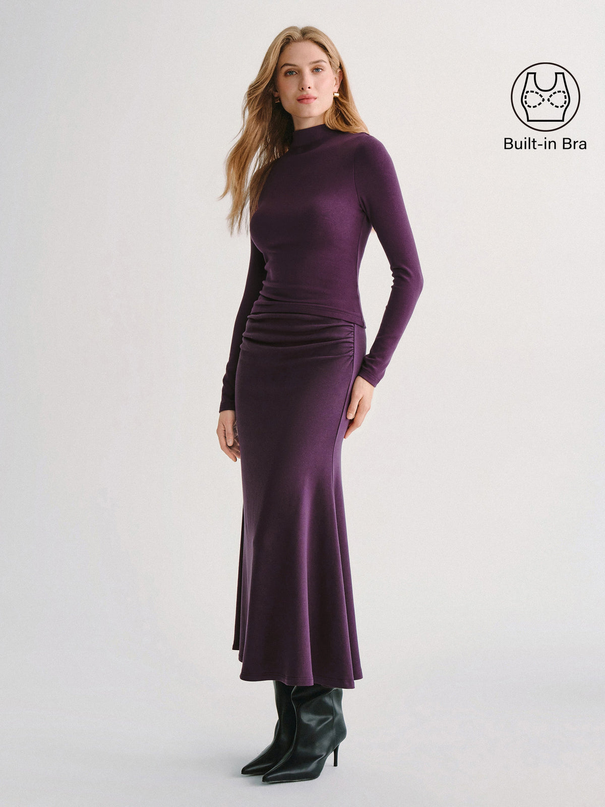 2Pcs Set ProWarm Mock Neck Long Sleeve Bra Top & Mid-Rise Ruched Flared Midi Skirt — original photo 3