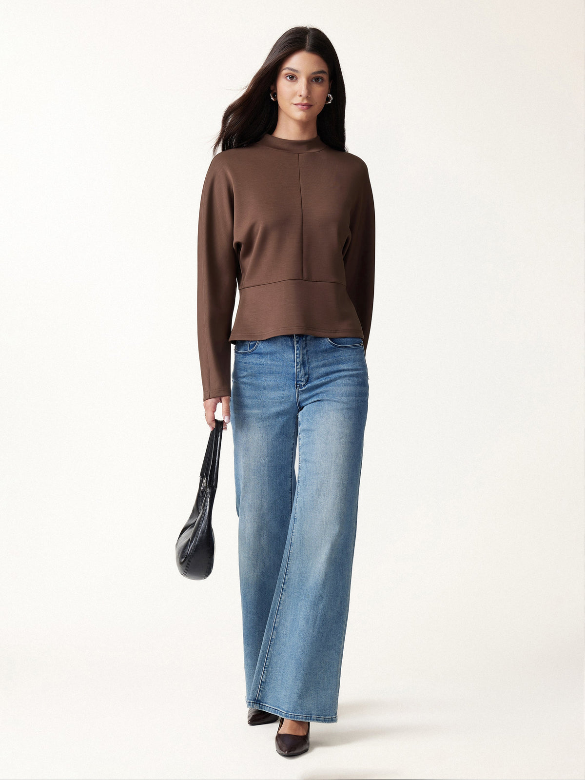 Modal Spacer Knit Mock Neck Batwing Sleeve Banded Hem Top — original photo 2