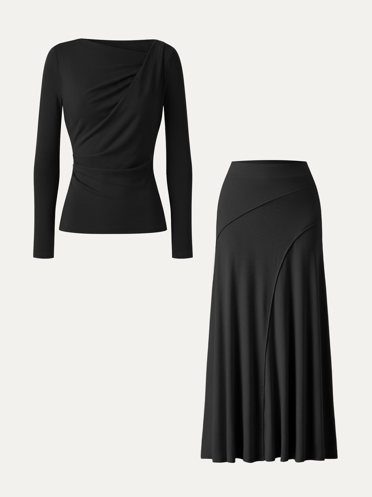 2Pcs Set LiteWarm Asymmetrical Neck Top & Drapey A-Line Midi Skirt — original photo 14