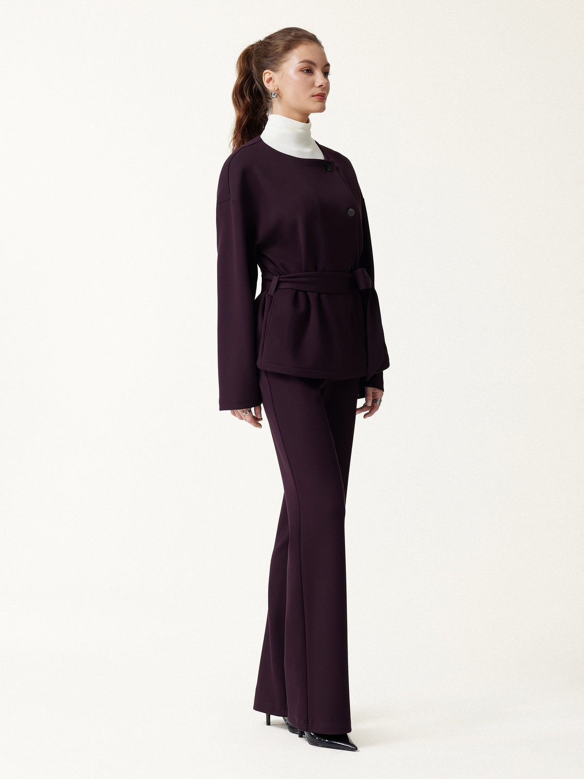 2Pcs Set Round Neck Long Sleeve Belted Jacket with Pockets & Mid-Rise Flared Pants with Pockets — original photo 1