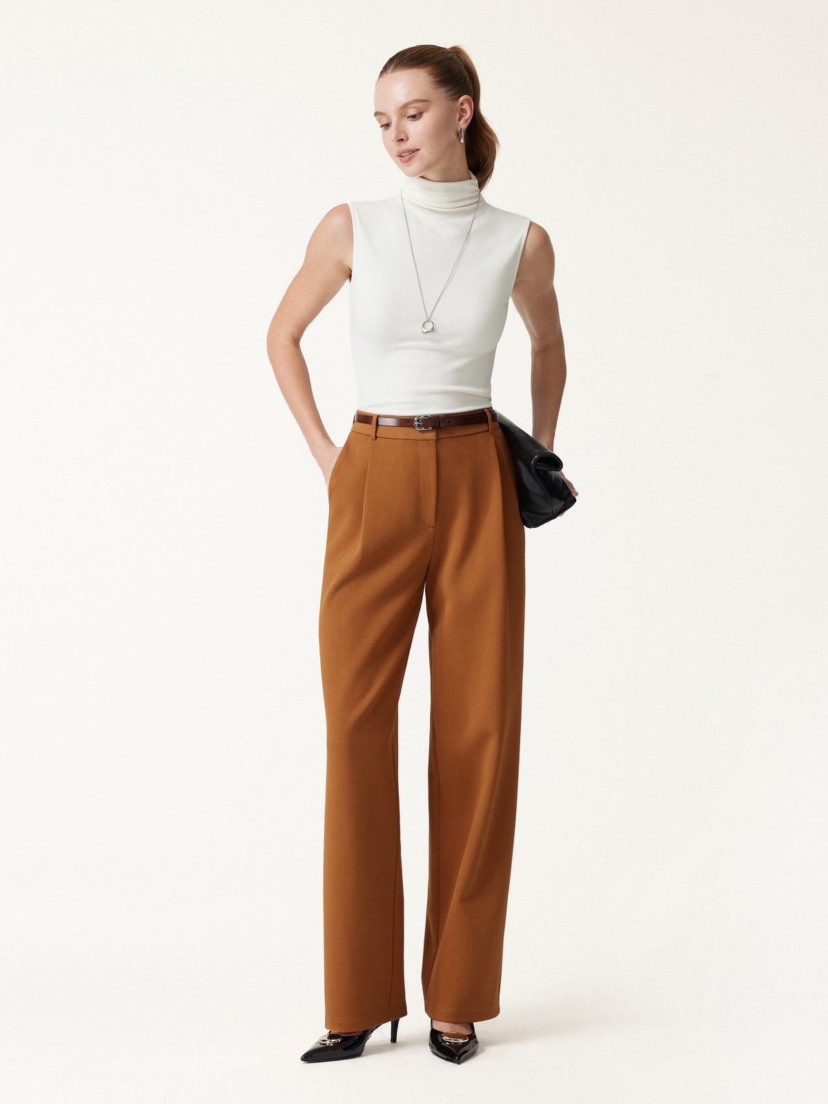 Crosshatch Ponte High-Rise Straight-Leg Tuck Pants with Pockets — original photo 3