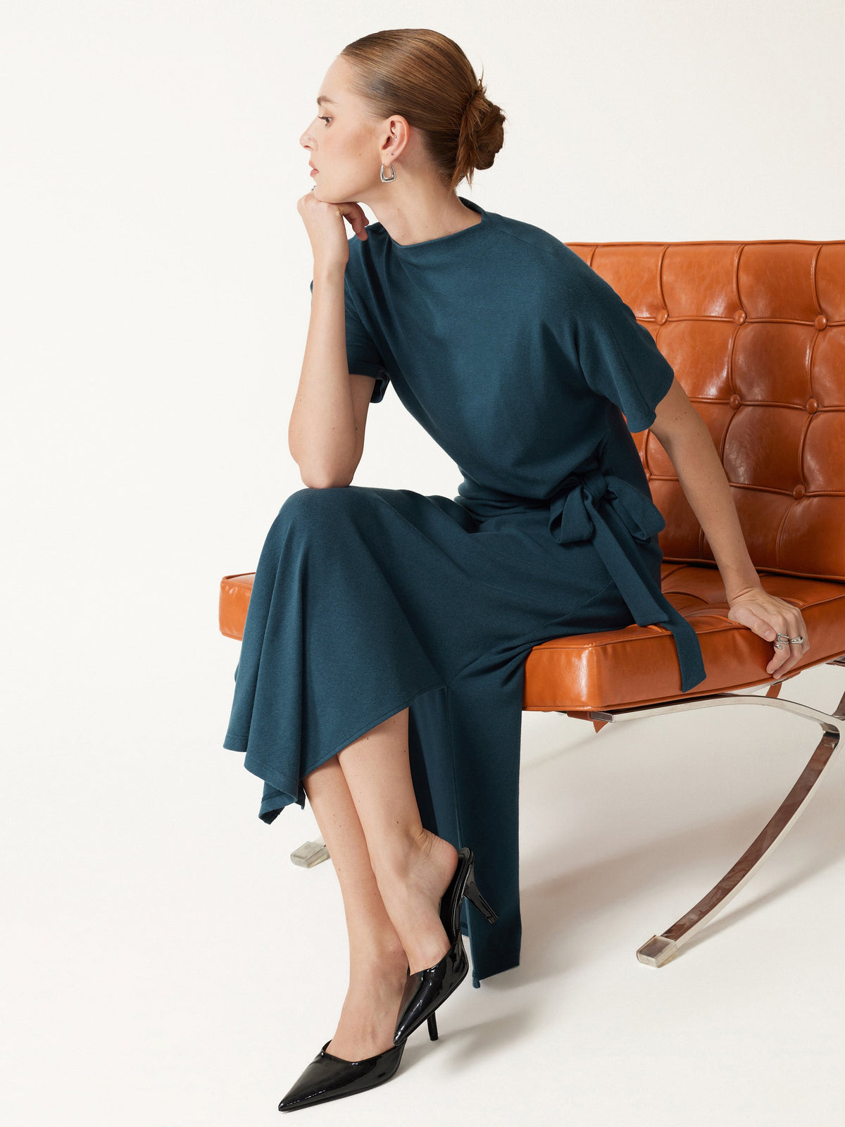 LiteWarm Mock Neck Elbow Sleeve Tie-Waist Midi Dress — original photo 1