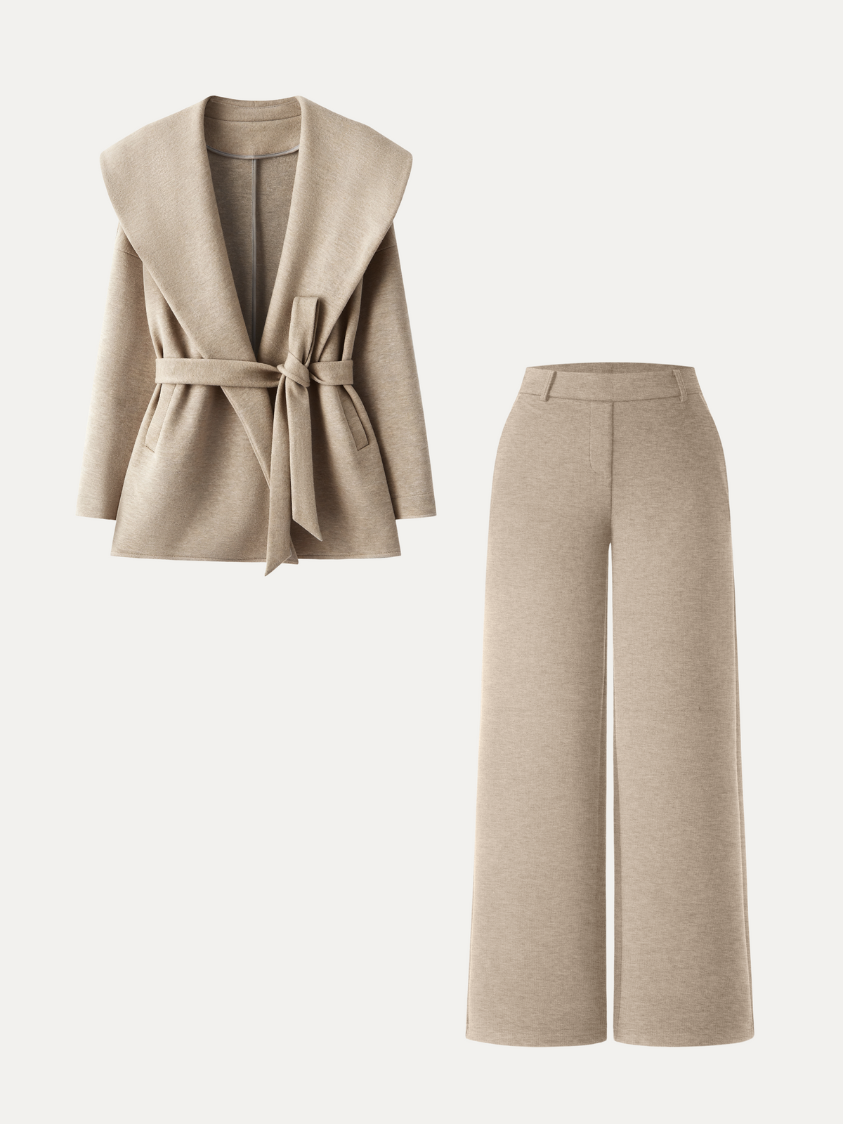 2Pcs Set Petite Belted Shawl Collar Robe Jacket & Straight Pants with Pockets — original photo 11