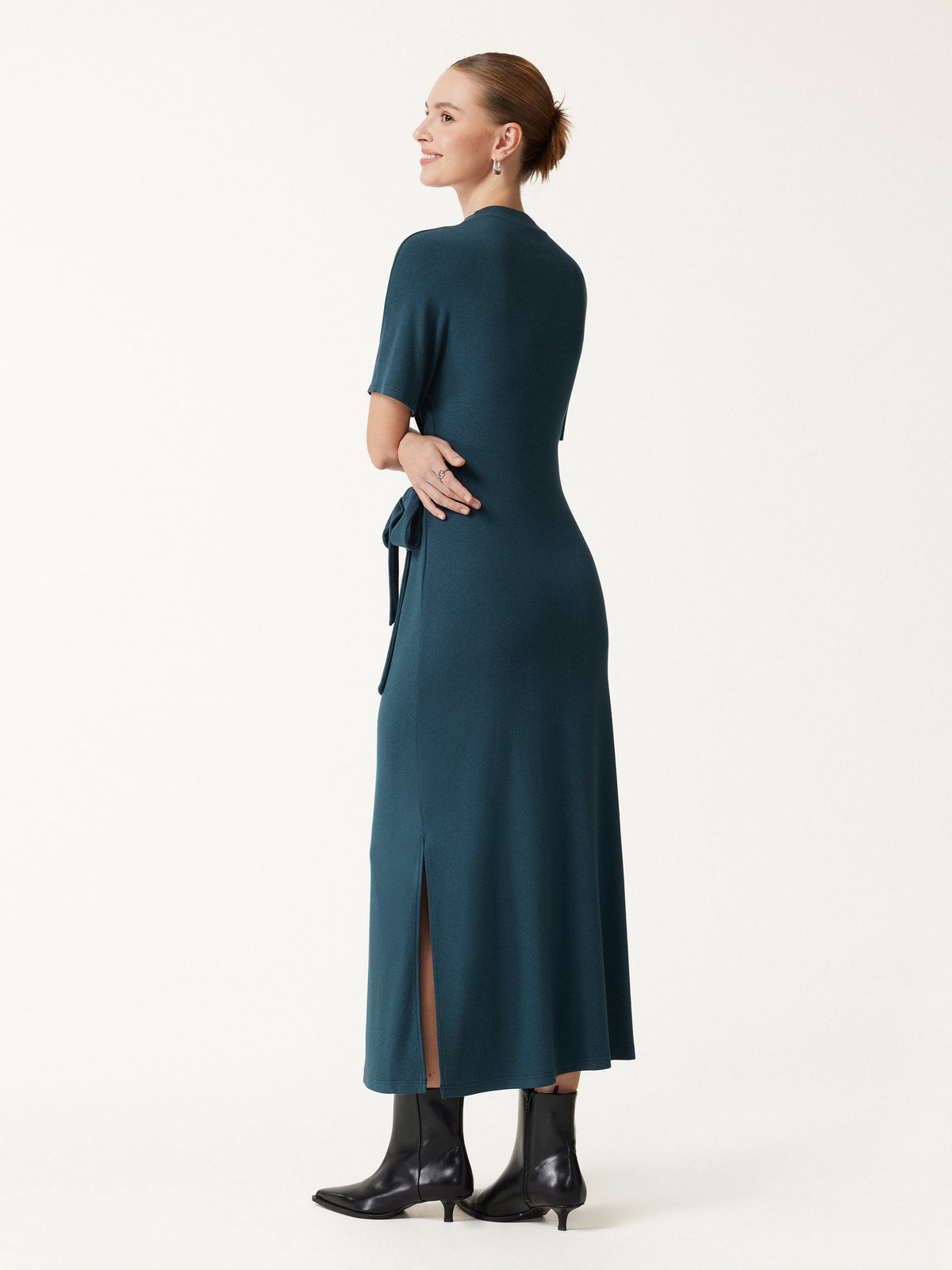 LiteWarm Mock Neck Elbow Sleeve Tie-Waist Midi Dress — original photo 4