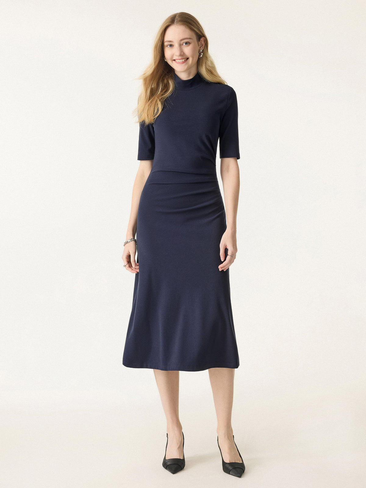 Cotton Blend Mock Neck Elbow Sleeve Tucked A-Line Midi Dress — original photo 1