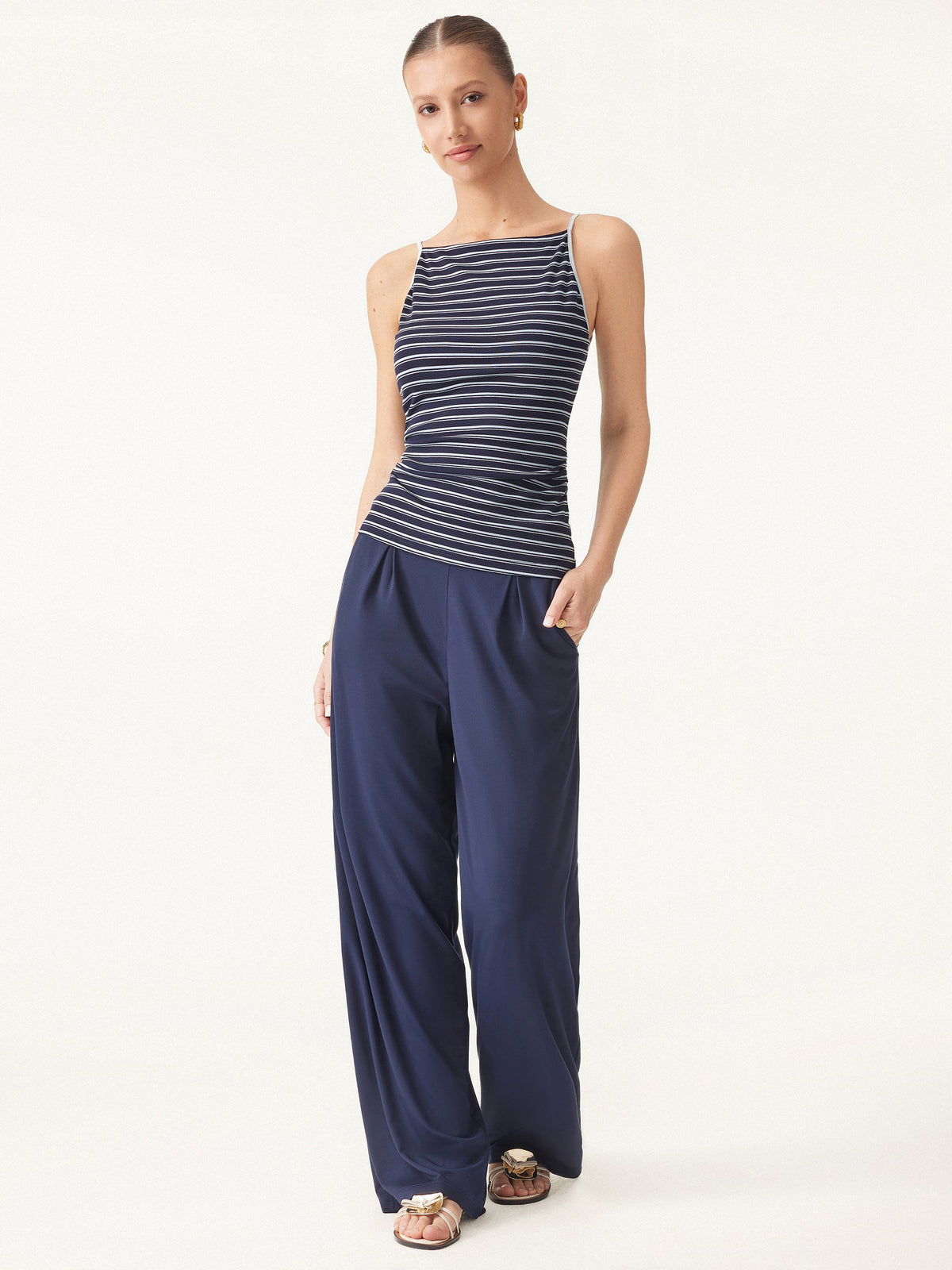 Striped Side Ruched Spaghetti New Airy Built-In Bra Tank — original photo 2
