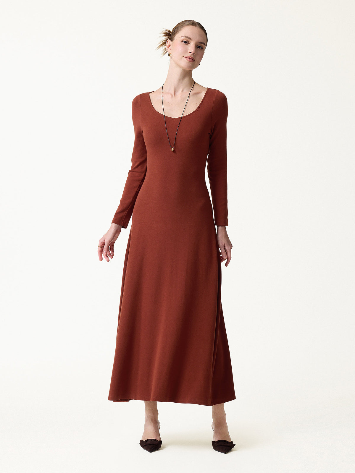 LiteWarm Diamond Neck Long Sleeve Drapey Maxi Built-In Bra Dress — original photo 3