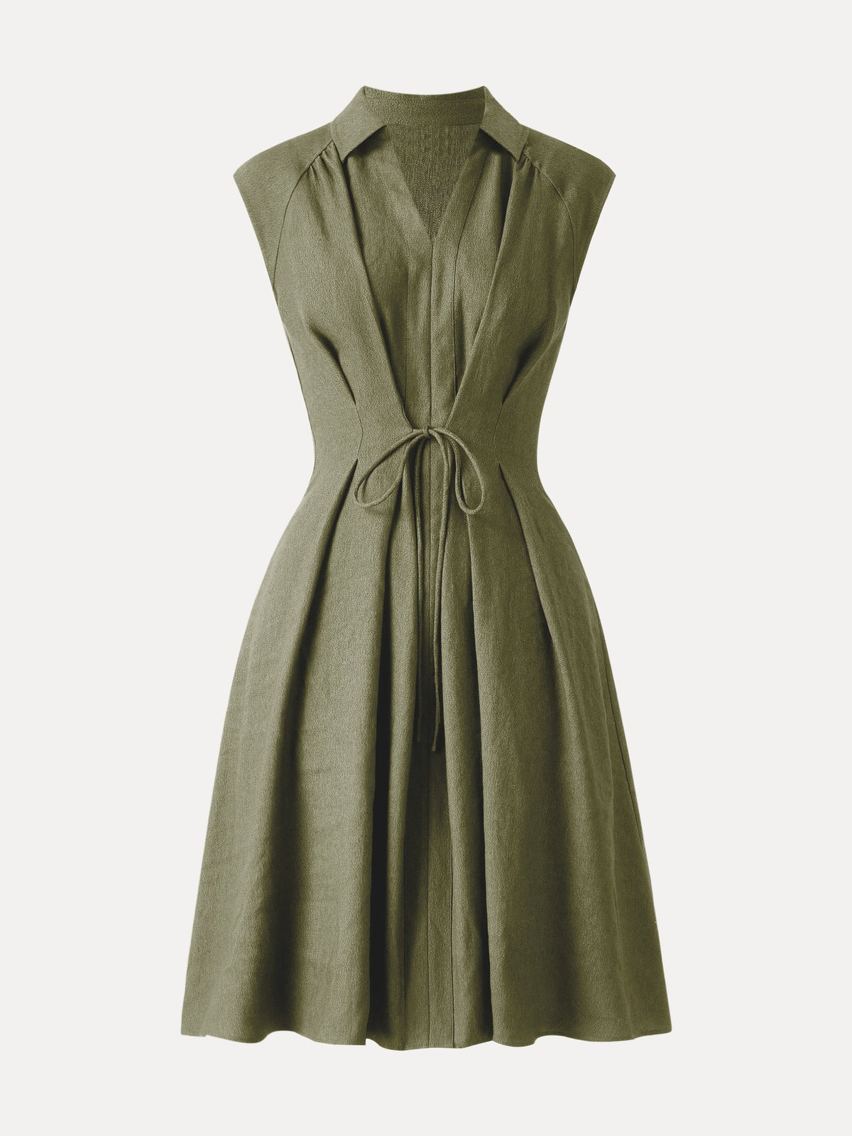 Viscose-Linen Collared V-neck Midi Dress with Drawstring — original photo 11