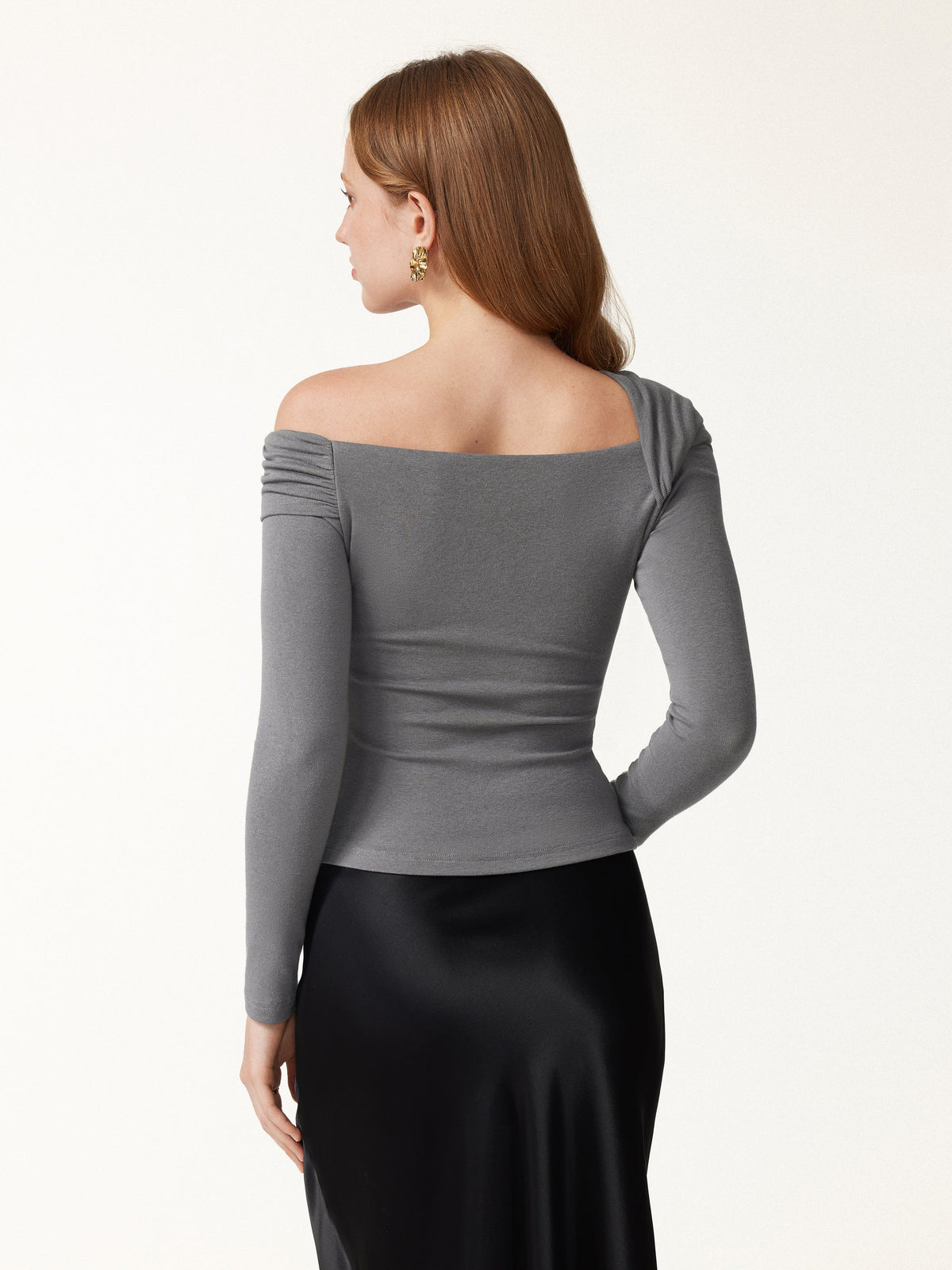 2Pcs Set Prowarm Neck Long Sleeve Built-In Bra Top & Mid-Rise Ruched Flared Midi Skirt — original photo 6