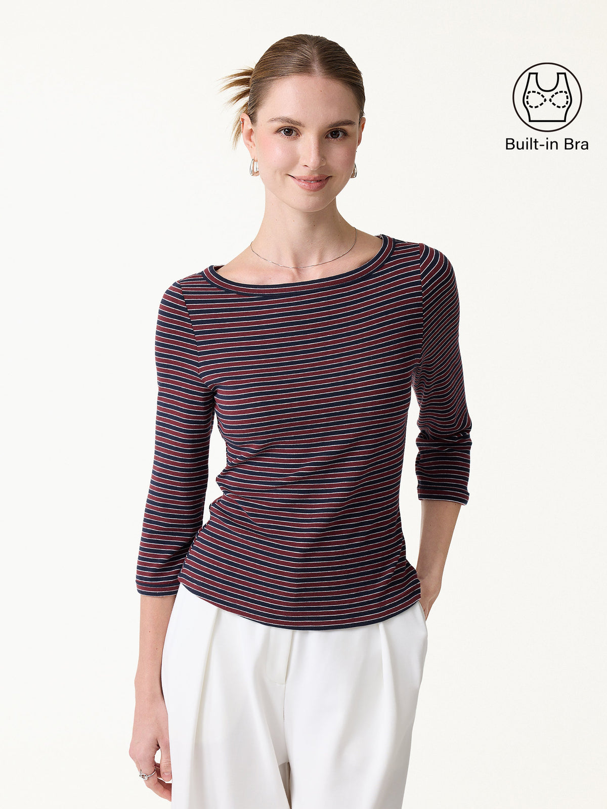 LiteWarm Striped Parisian Boatneck 3/4 Sleeve Built-In Bra Top — original photo 3
