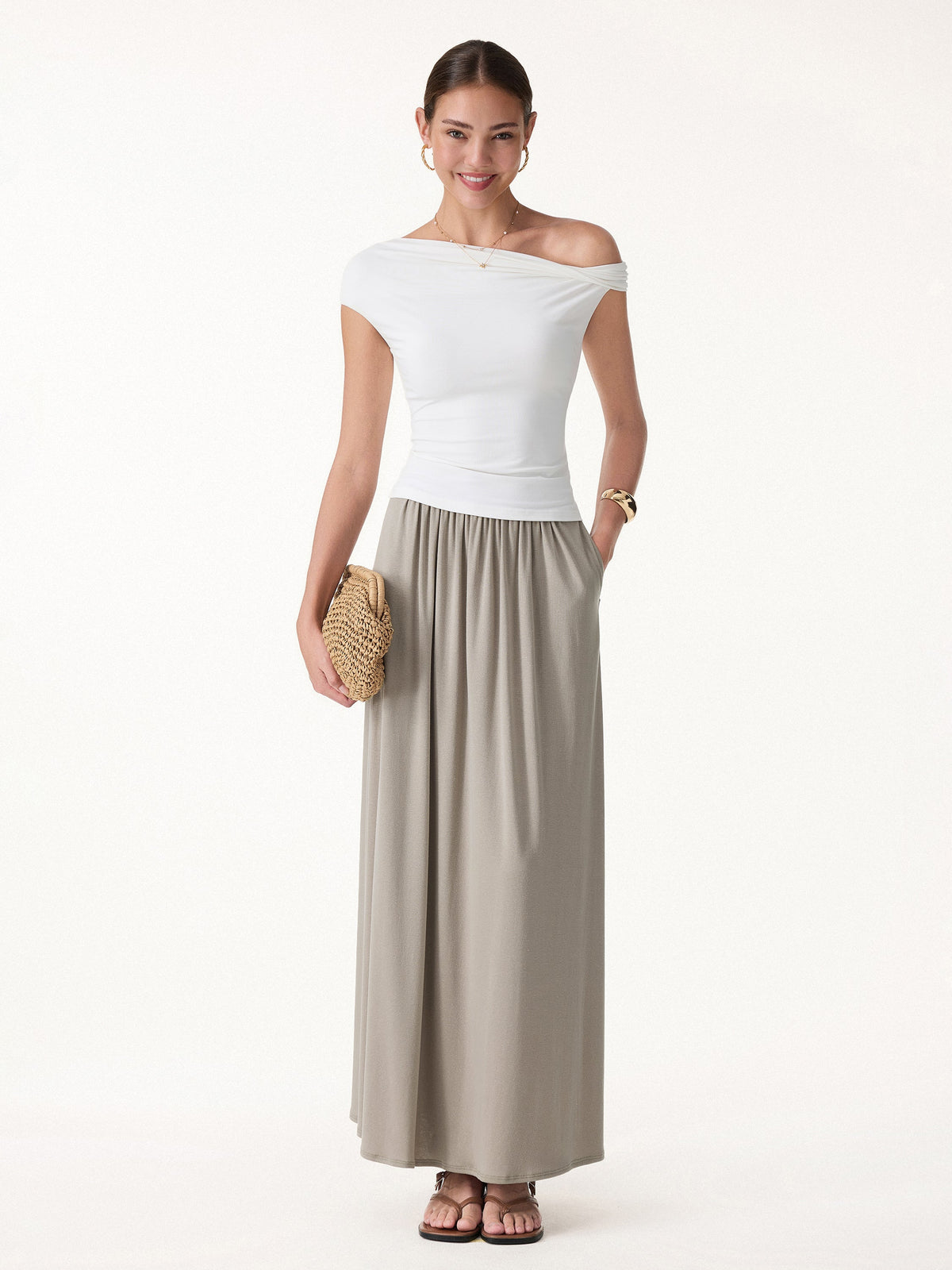Soft Linen Knit Gathered A-Line Maxi Skirt with Pockets — original photo 2