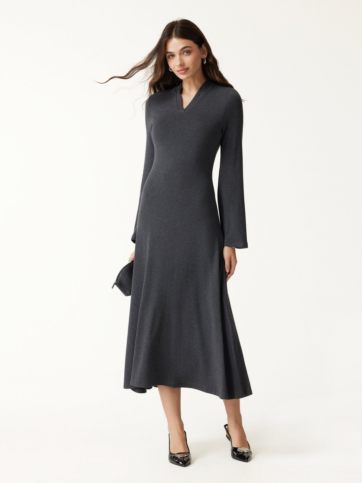 LiteWarm V-Neck Long Sleeve Flowy Midi Built-In Bra Dress — original photo 2