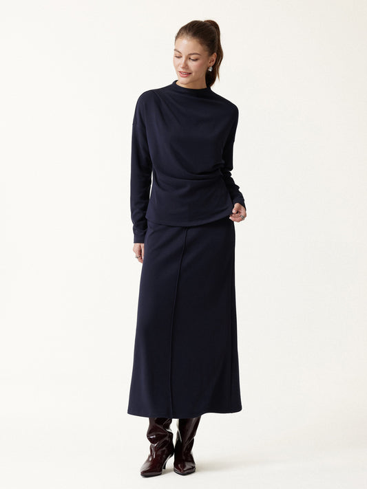 2Pcs Set Prowarm Mock Neck Long Sleeve Top & Mid-Rise A-Line Midi Skirt — original photo 1