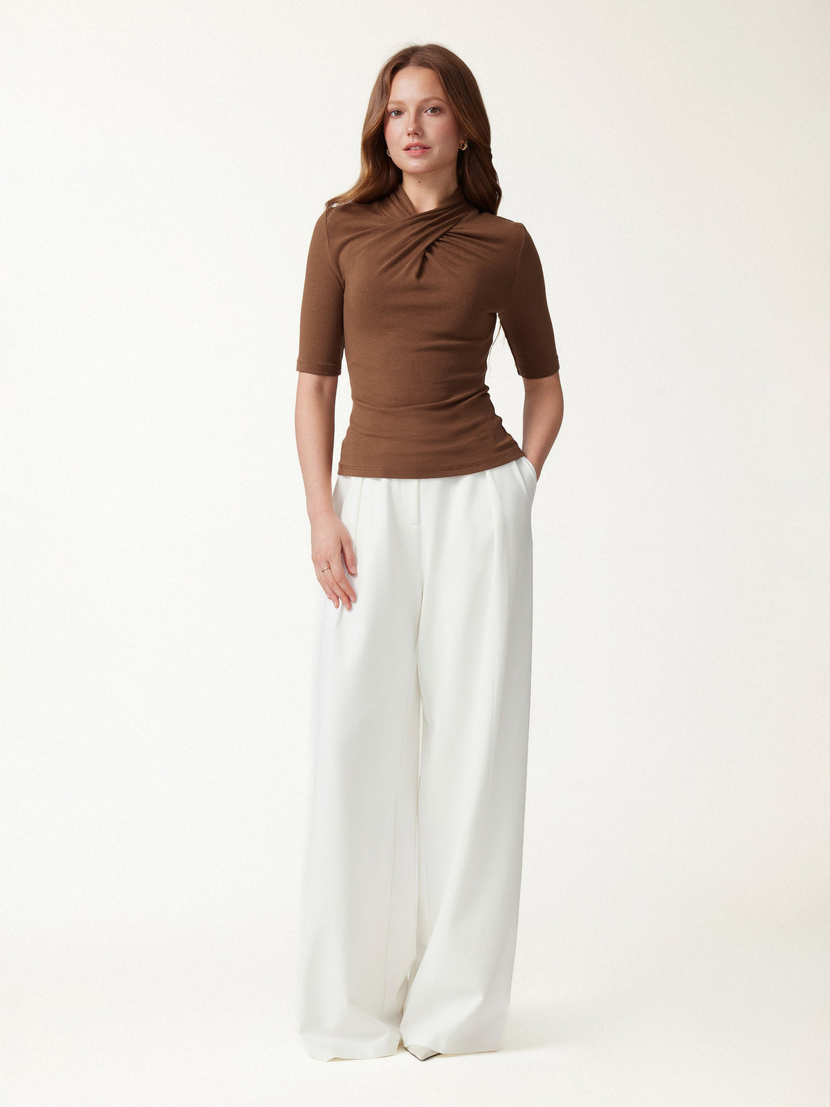 LiteWarm Crisscross Mock Neck Elbow Sleeve Ruched Top — original photo 3