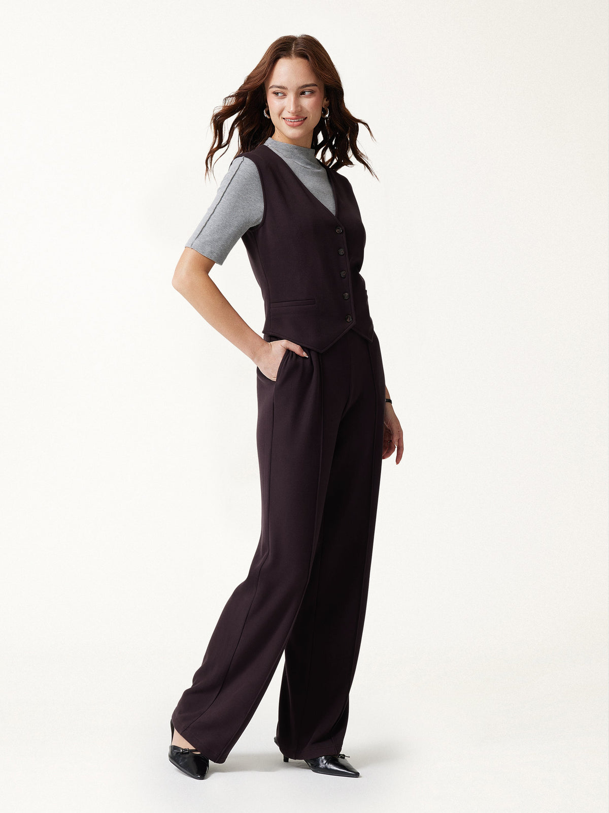 2Pcs Set Friendly Sleeveless Cropped Vest & Mid-Rise Pintuck Pants with Pockets — original photo 3