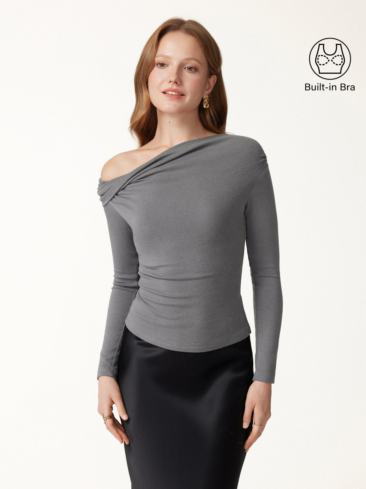 2Pcs Set Prowarm Neck Long Sleeve Built-In Bra Top & Mid-Rise Ruched Flared Midi Skirt — original photo 5