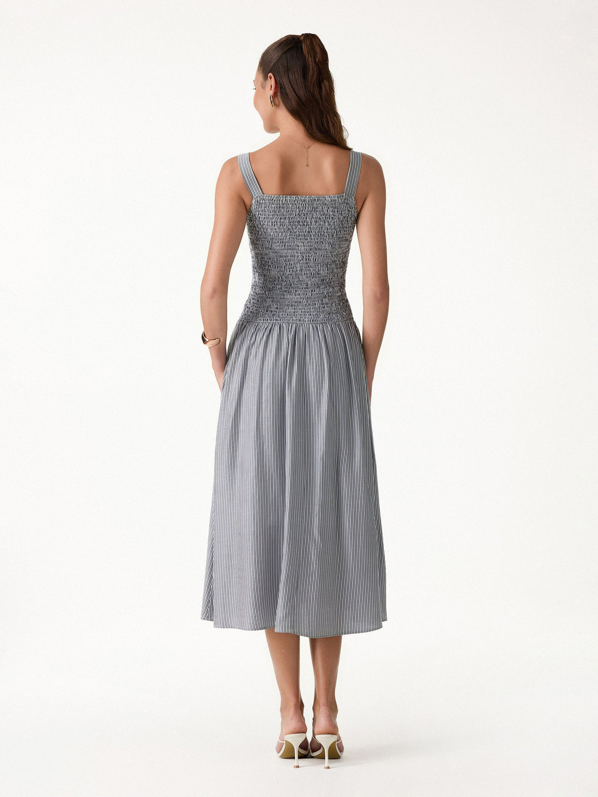 Striped Poplin Square Neck Smocked Midi Built-In Bra Dress — original photo 4