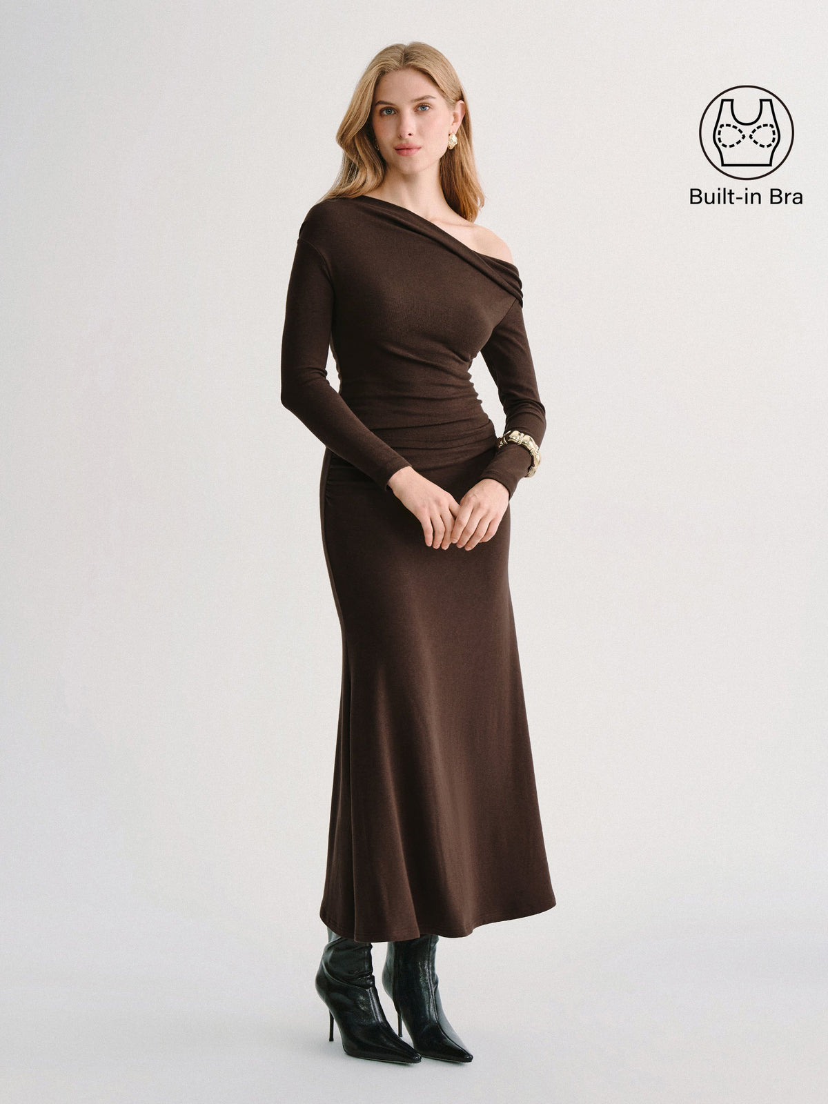2Pcs Set Prowarm Neck Long Sleeve Built-In Bra Top & Mid-Rise Ruched Flared Midi Skirt — original photo 4