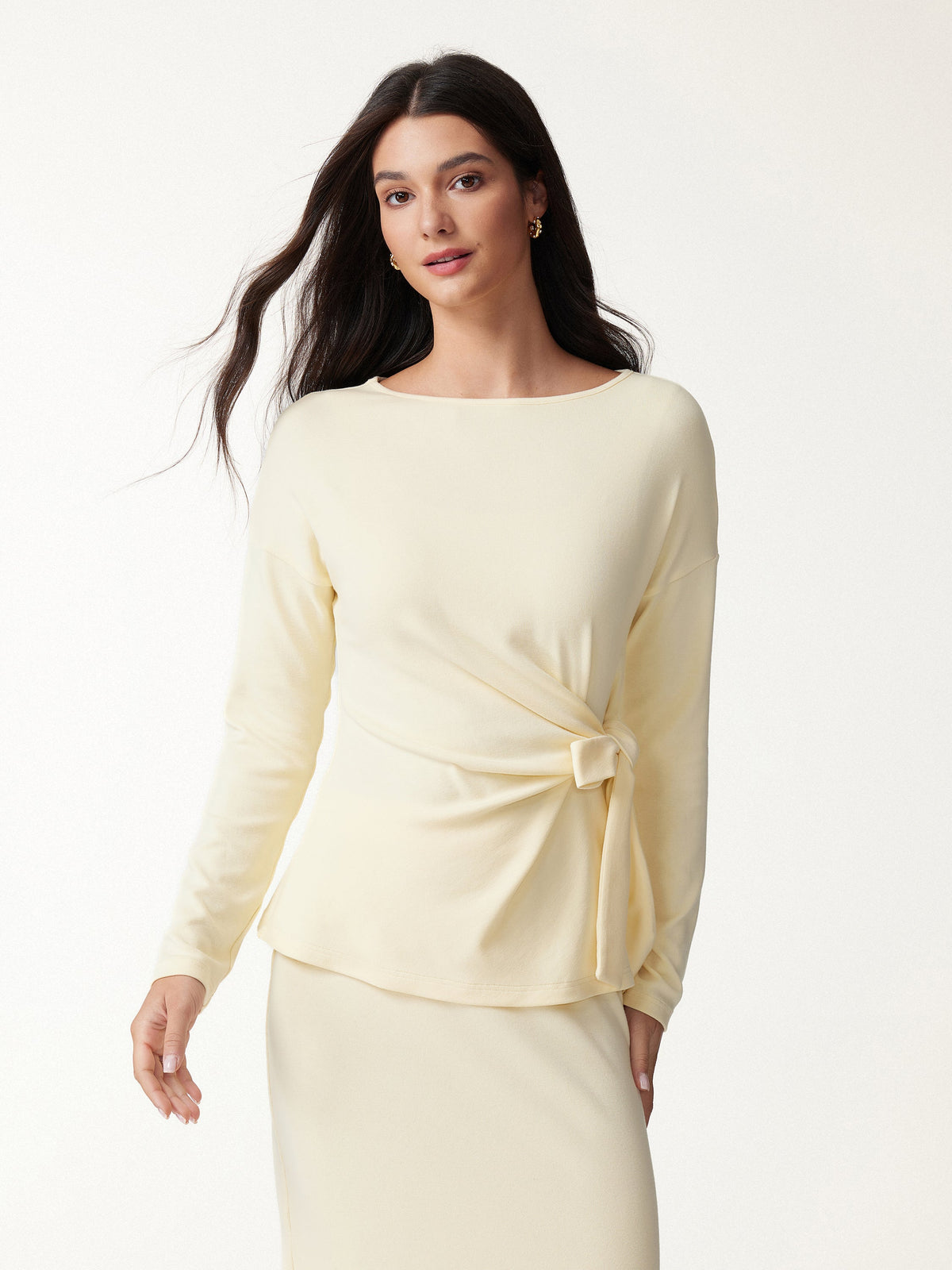 2Pcs Set LiteWarm Boatneck Long Sleeve Top & Mid-Rise Side-Slit Column Midi Skirt — original photo 4