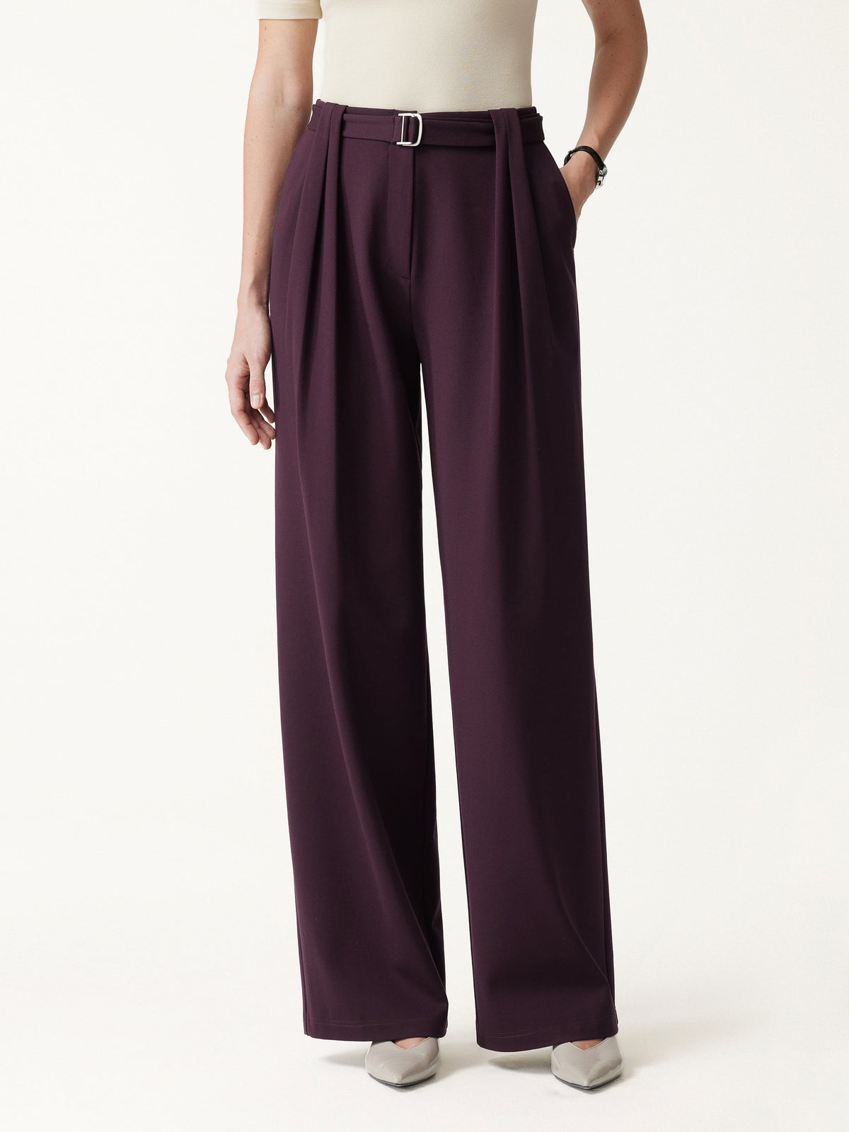 Stretch Ponte High-Rise Belted Wide-Leg Pants with Pockets — original photo 1