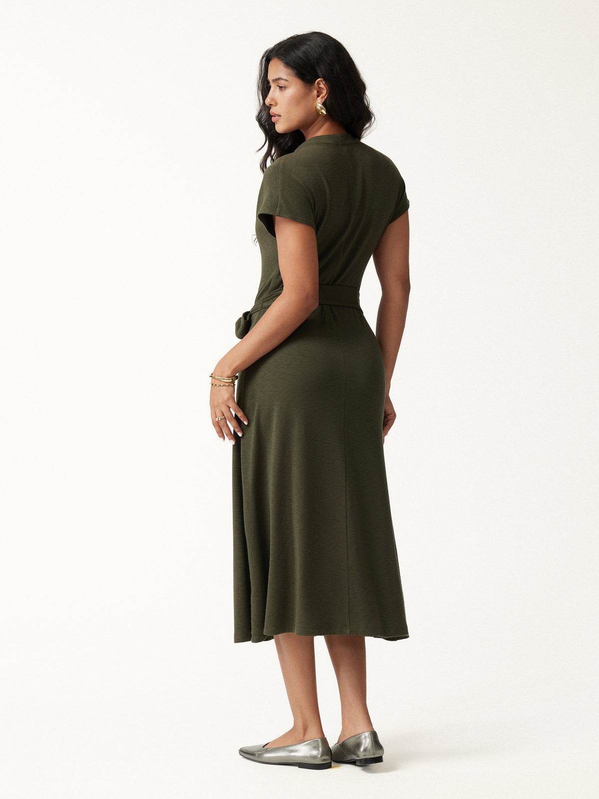 LiteWarm Neck Short Sleeve Belted Midi Dress — original photo 3