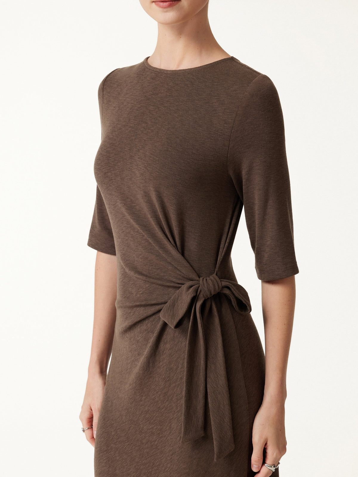 LiteWarm Slub Ribbed Round Neck Elbow Sleeve Tie-Waist Midi Dress — original photo 5