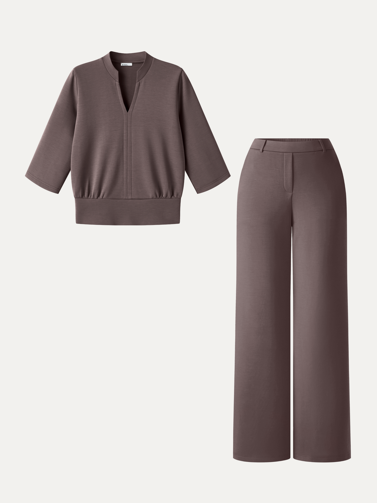 2Pcs Set Petite V-Neck Elbow Sleeve Top & High-Rise Wide Leg Pants with Pockets — original photo 10
