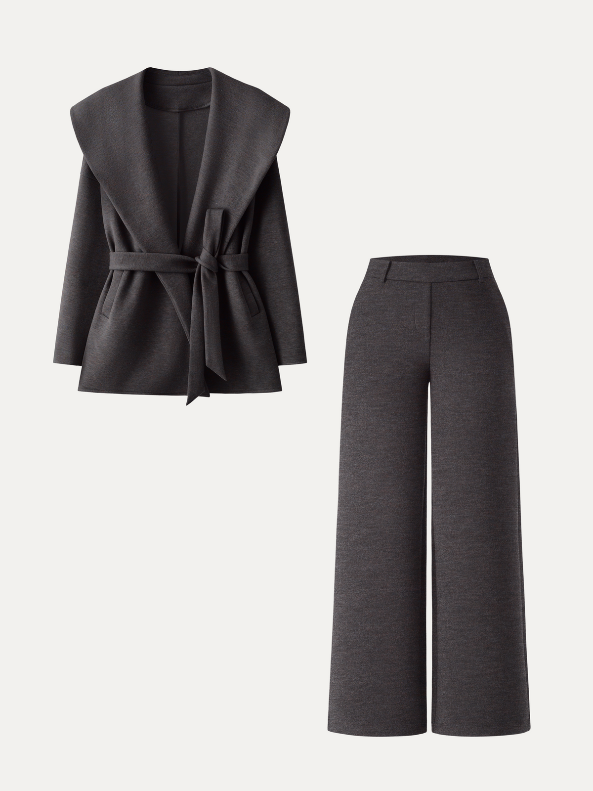 2Pcs Set Belted Shawl Collar Robe Jacket & Mid Rise Straight Pants with Pockets — original photo 2