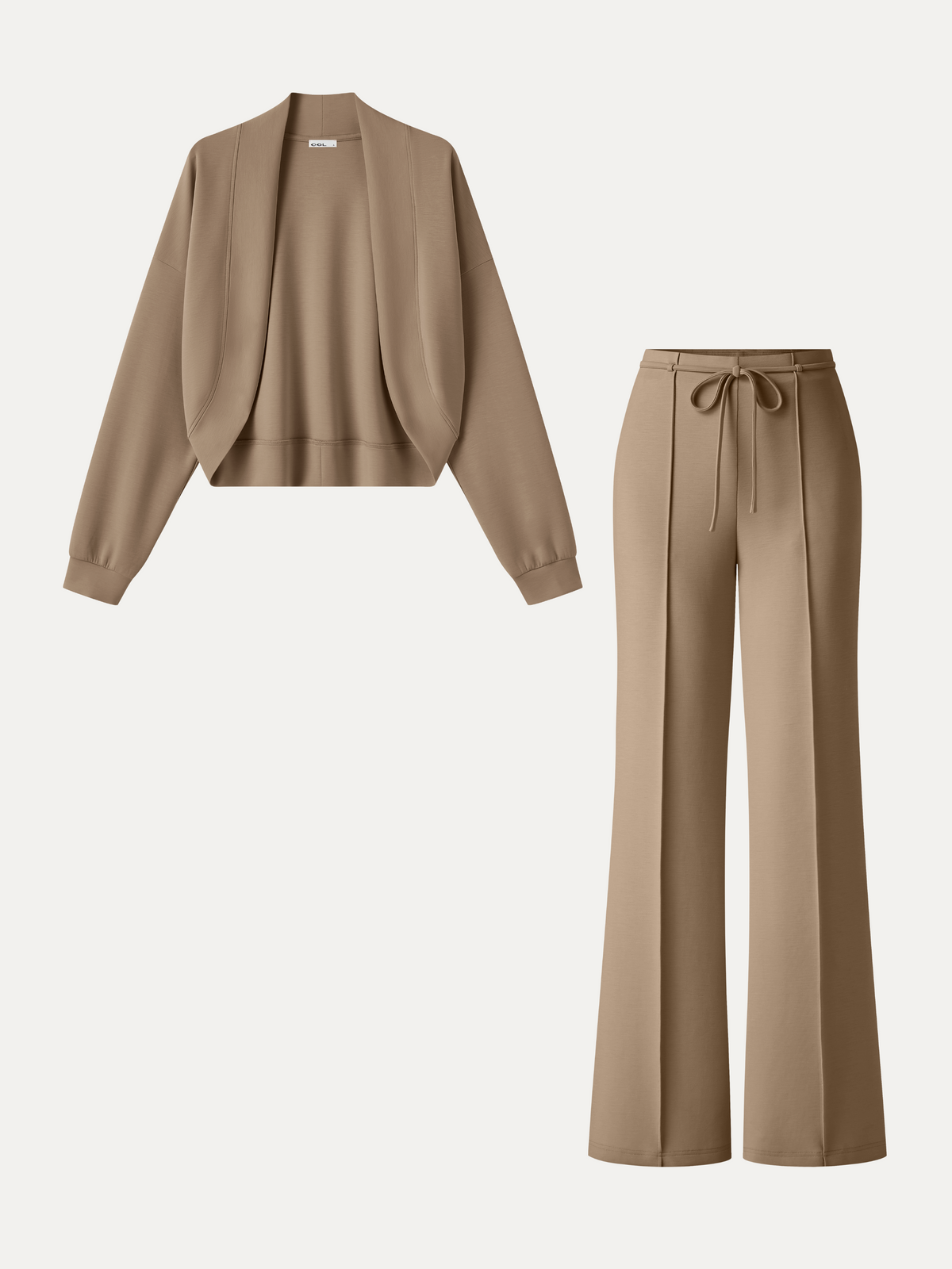 2Pcs Set Long Sleeve Drop-Shoulder Cardigan & High-Rise Flare Pants with Pockets — original photo 11