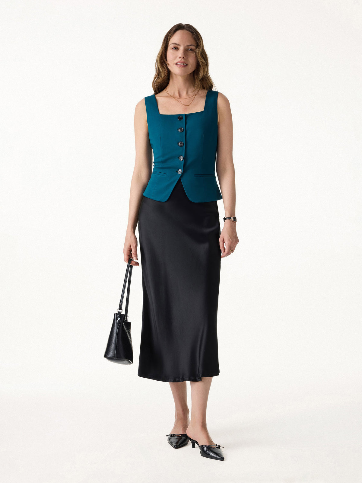 Stretch Ponte Square Neck Cropped Waistcoat with Pockets — original photo 2