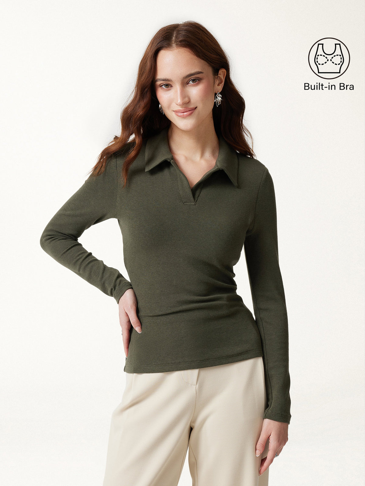 LiteWarm Office Staple V-Neck Lapel Long Sleeve Built-In Bra Top — original photo 1